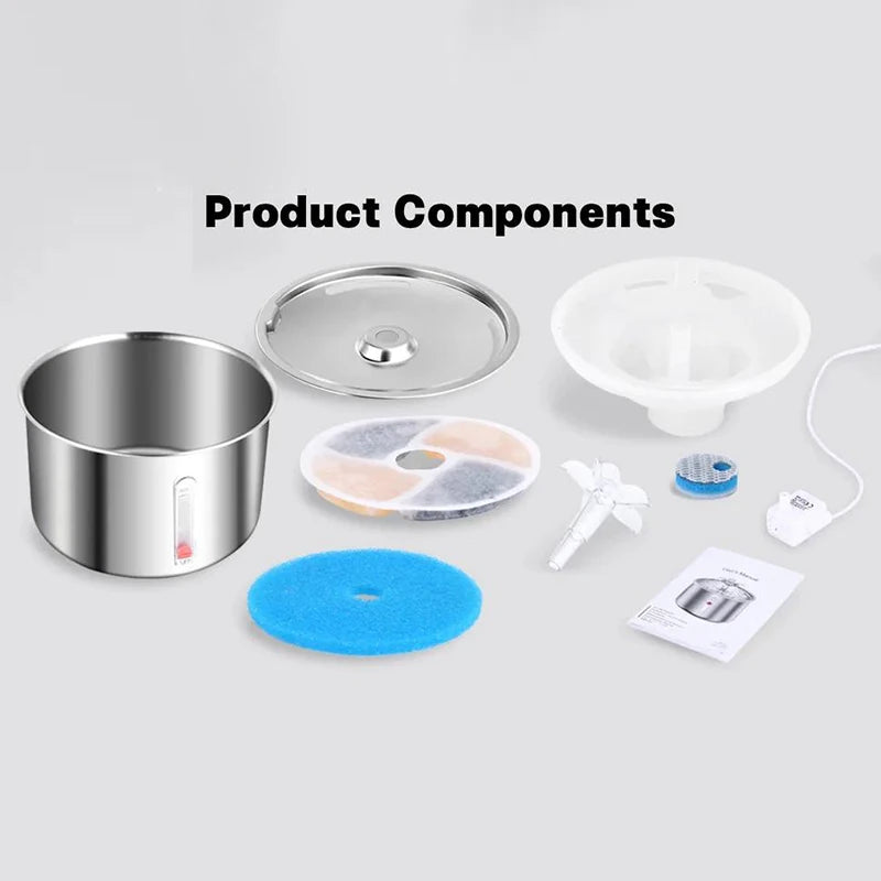 2L Pet Water Fountain - Stainless Steel, USB Ultra-Quiet Pump