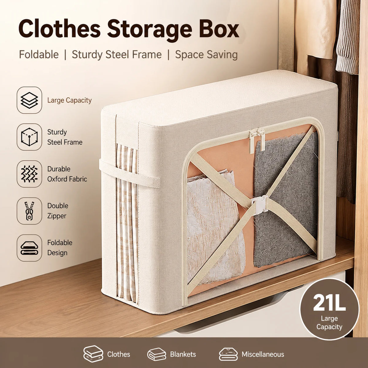 Foldable Fabric Storage Box - Steel Frame, 47x30x15cm