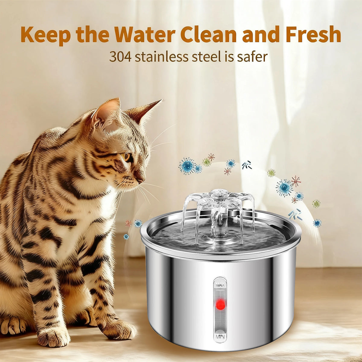 2L Pet Water Fountain - Stainless Steel, USB Ultra-Quiet Pump