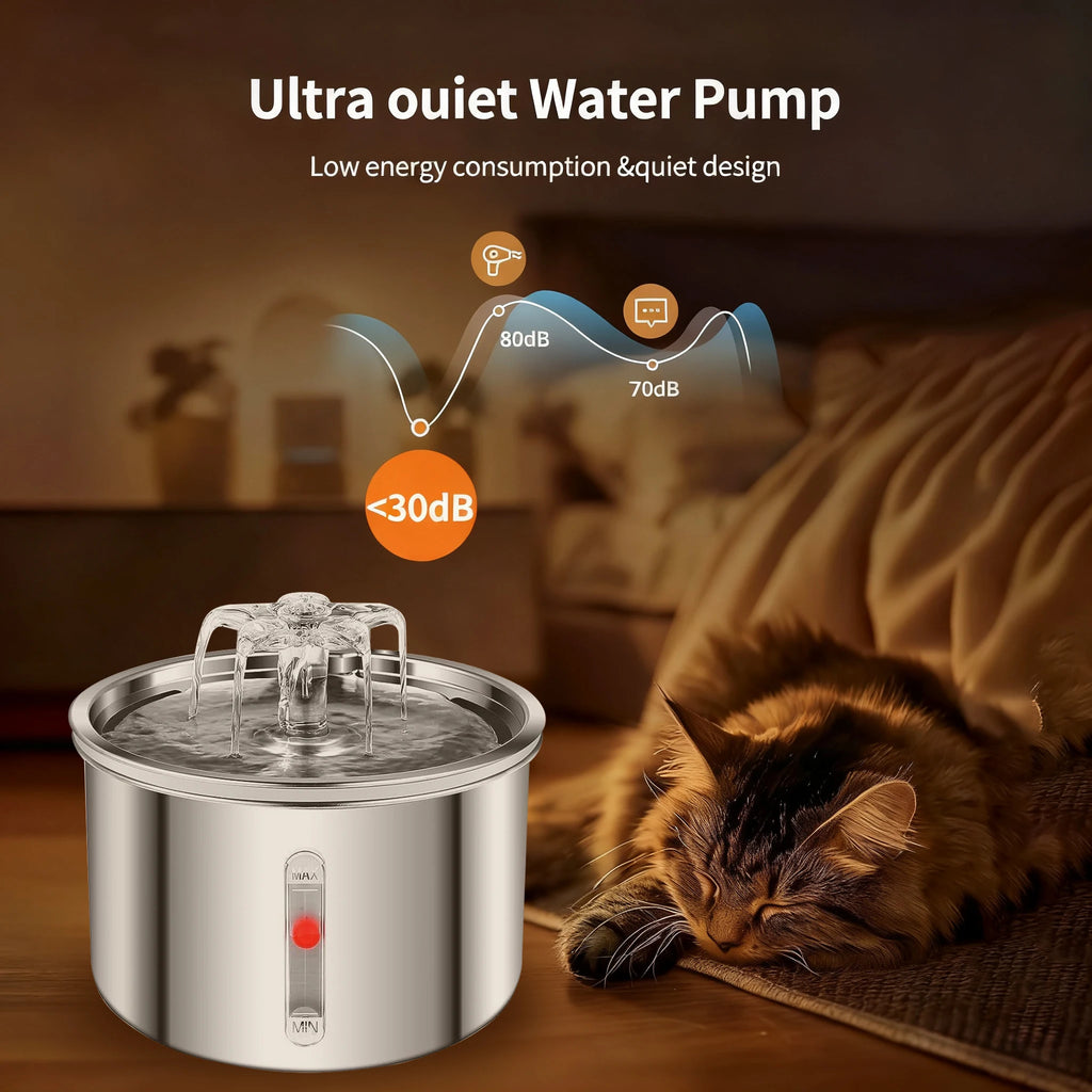 2L Pet Water Fountain - Stainless Steel, USB Ultra-Quiet Pump