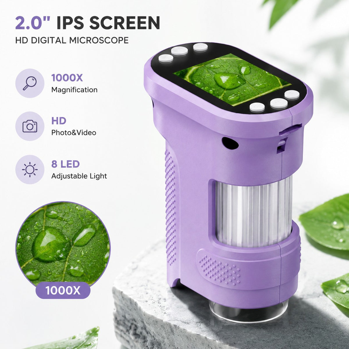 Kids Handheld Digital Microscope - 2" IPS Screen, 1000X, STEM Science Gift